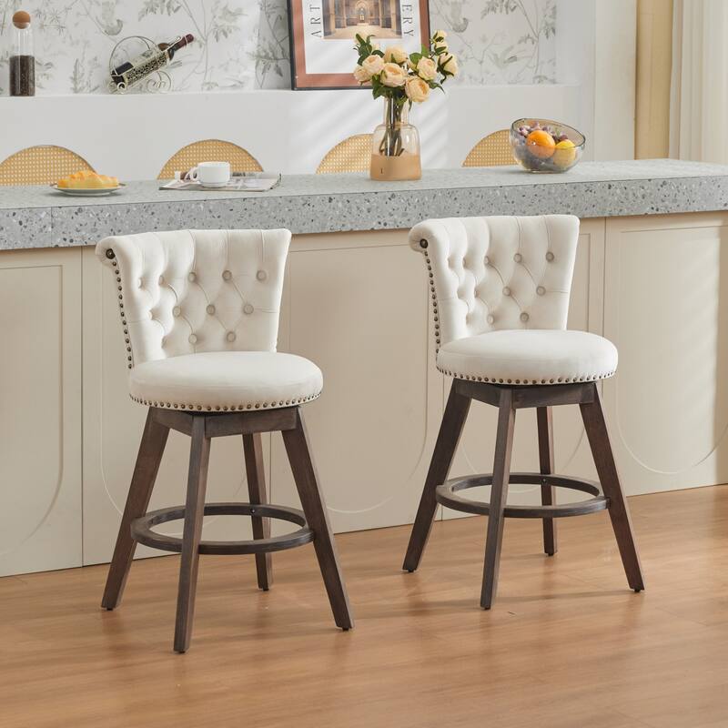 Velvet Upholstered Counter Height Bar Stools Set of 2, Tufted Button Swivel Bar Stools, Kitchen Counter Stools with Wood Legs