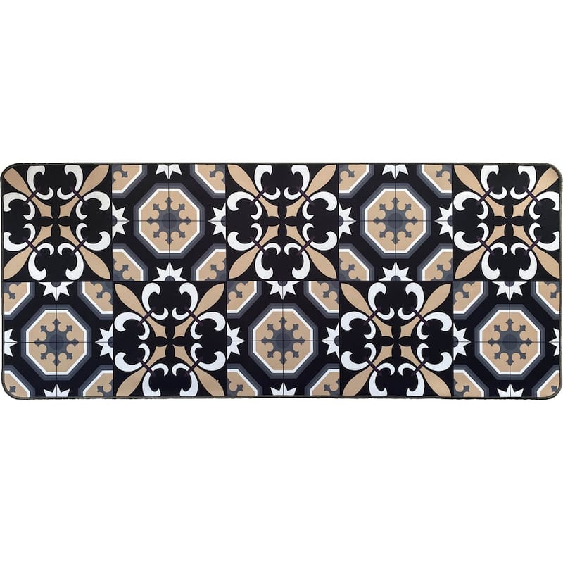 Carmen Printed Kitchen Sink Mat - Black & Beige Tile Design - Runner Mat 47"L x 20"W - Black Beige