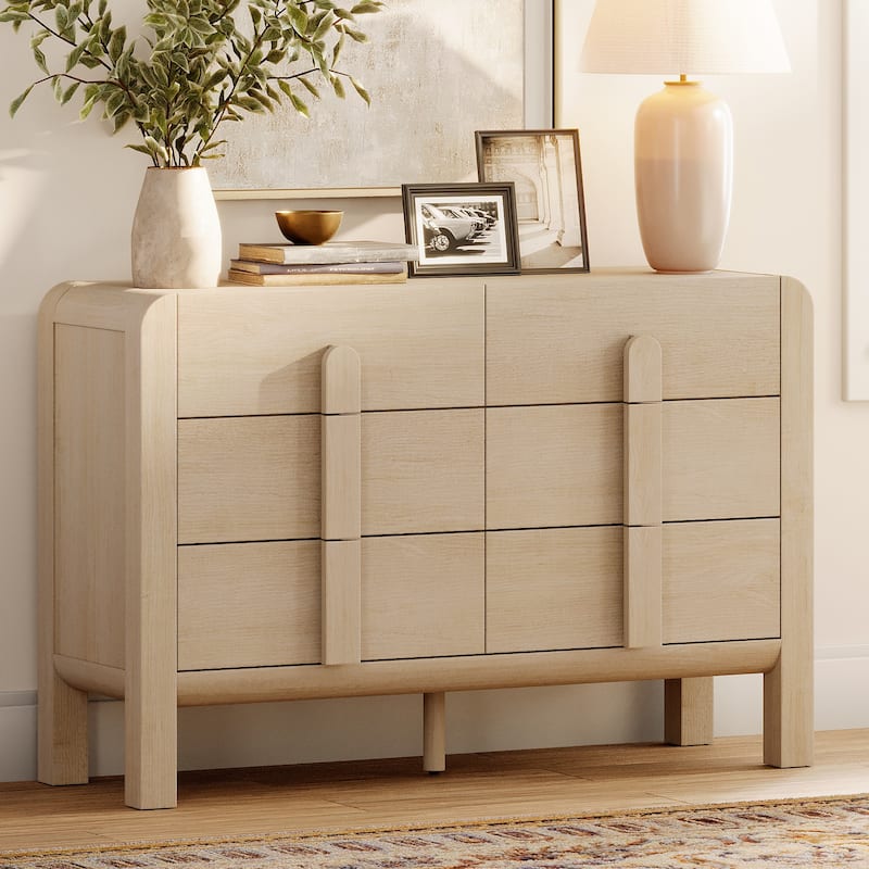 WAMPAT Mid Century Wood 6 Drawer Dresser For Bedroom, Modern Chest Of Drawers With Curved Profile Design