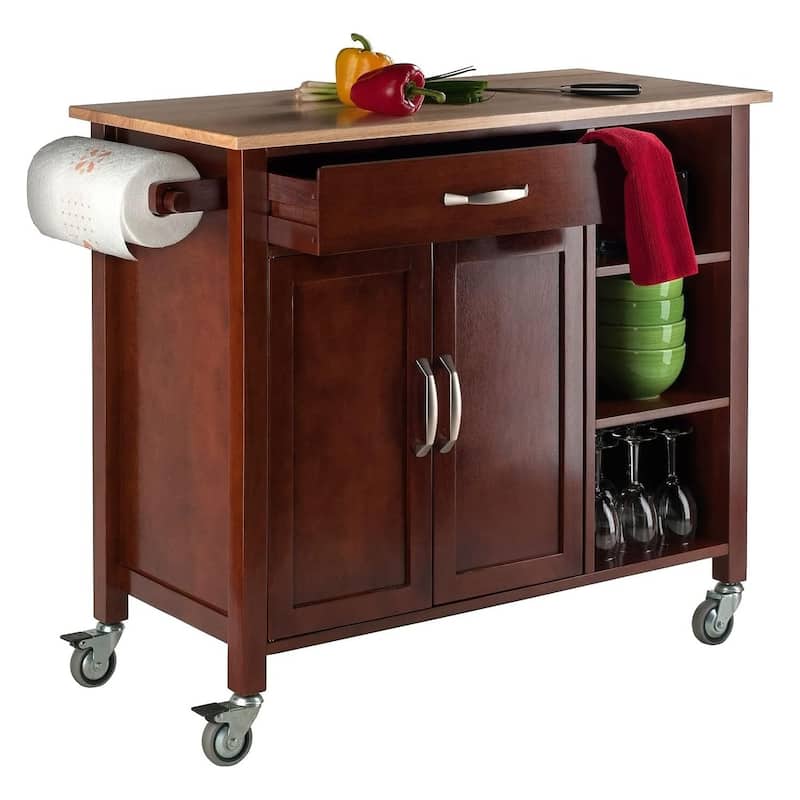 Kitchen Cart with Storage - Mobile Island, Walnut & Natural Finish, Open Shelves, Drawer, Cabinet