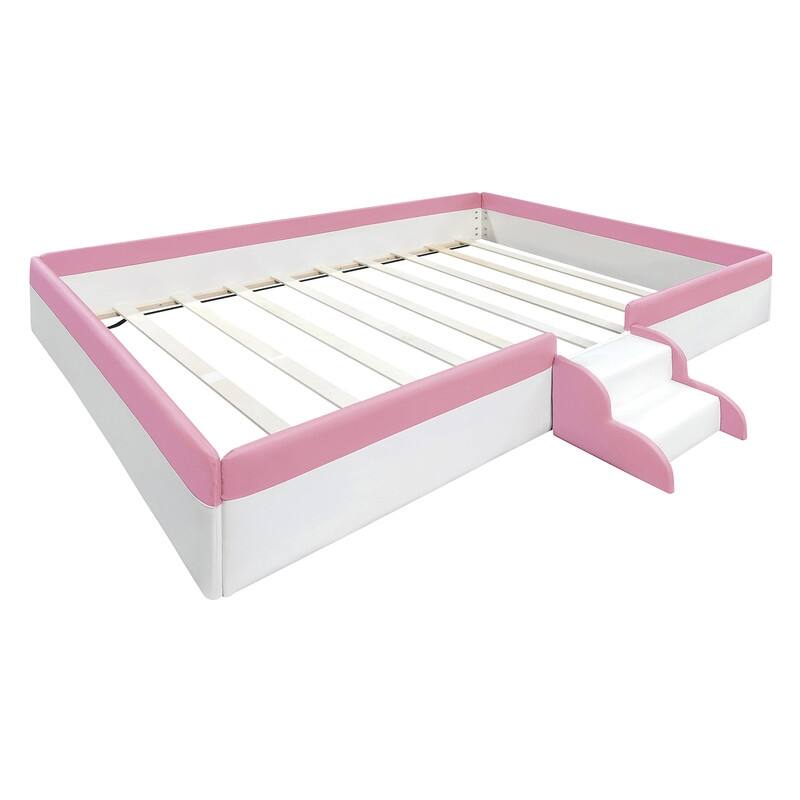 Twin/ Full/ Queen/ King Size Upholstered Kids Floor Bed Frame with Guardrail and Little Stairs, Soft PU Platform Bed