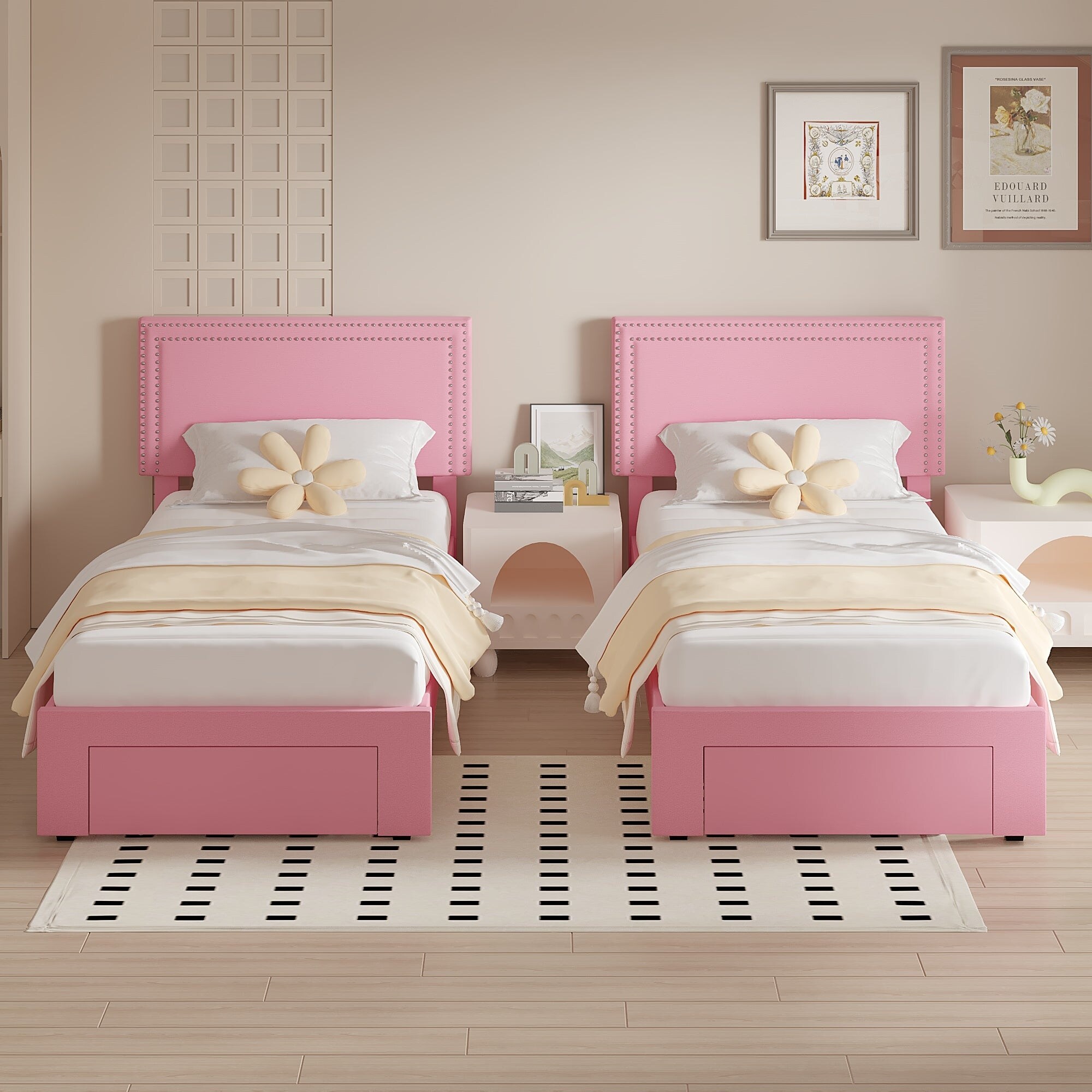 2 Pcs Kids Twin Bed Frame with Under-Bed Drawer, Platform Upholstered Bed with Headboard for Boys Girls Toddlers