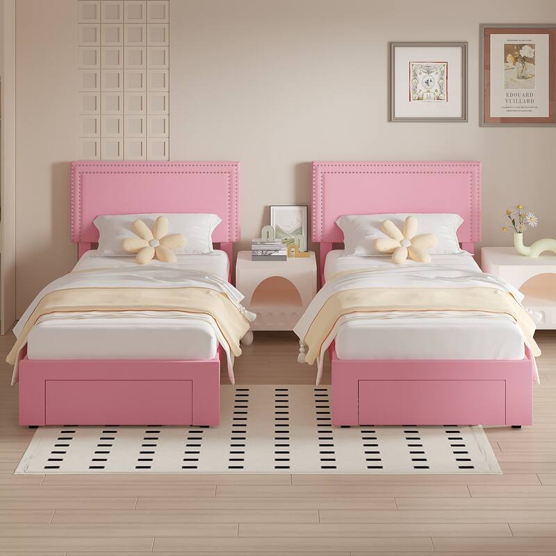 Modern Upholstered Bed Frame with 4 Storage Drawers, Platform Fabric Bed with Button Tufted Headboard