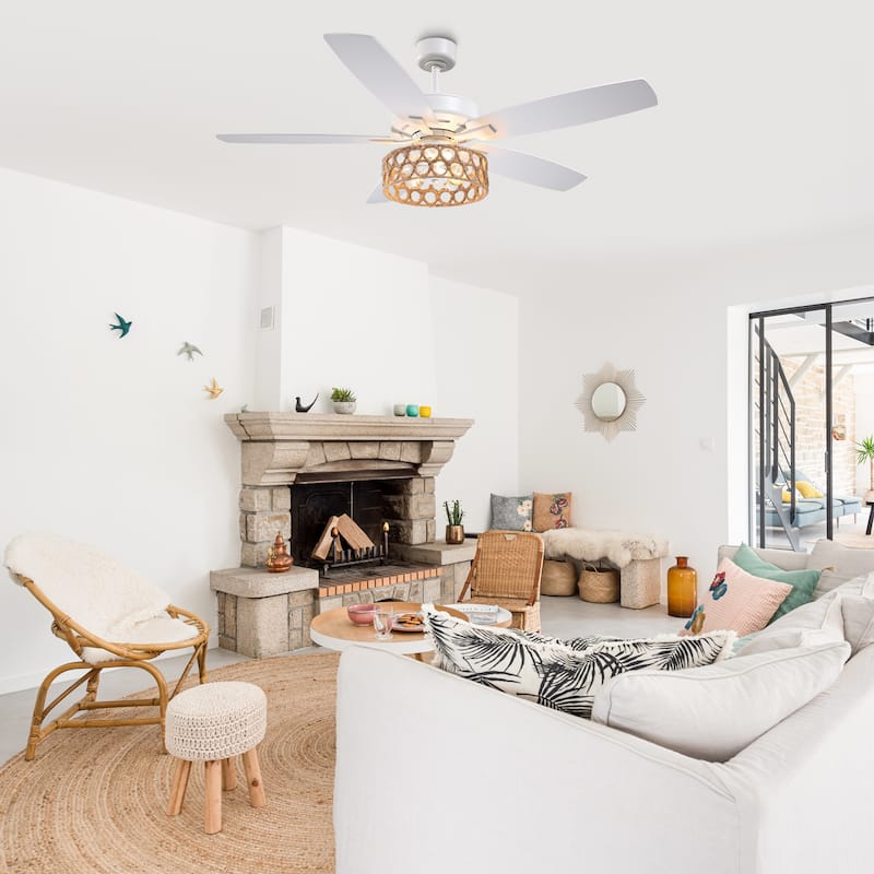 52" Bohemian White 5-Blade Natural Jute Ceiling Fan with Light Kit and Remote