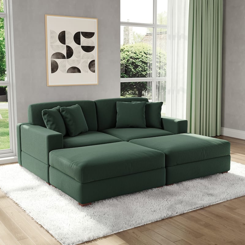 Modular Corduroy Sectional Sofa Set Chaise Couch with Ottoman - Hunter Green-4 Piece/2