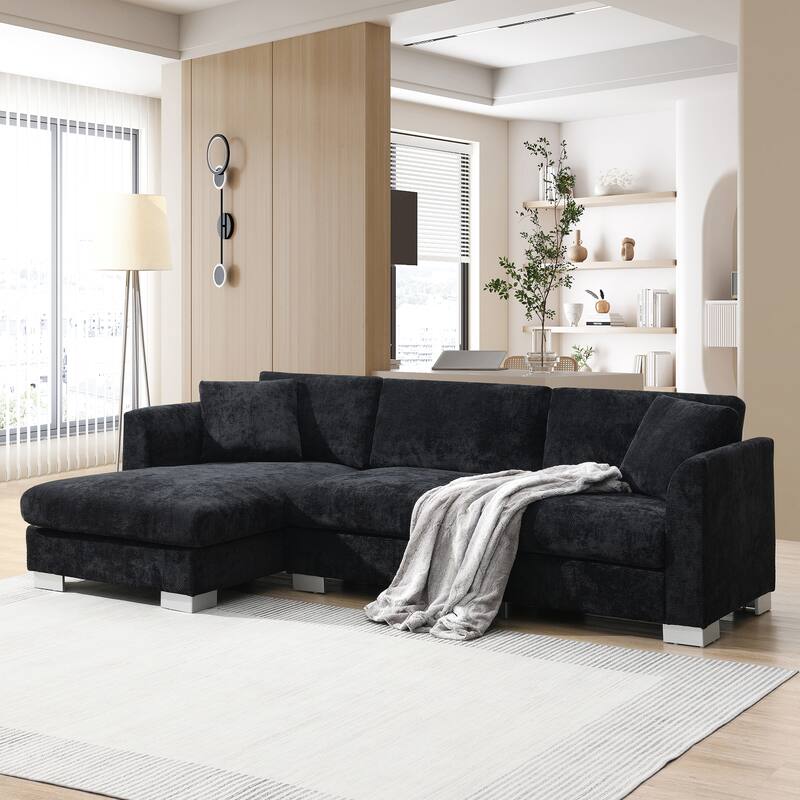 96x56" L-shaped 4-seat Chenille Sofa with Chaise and 2 Pillows, Black - Multi-Color