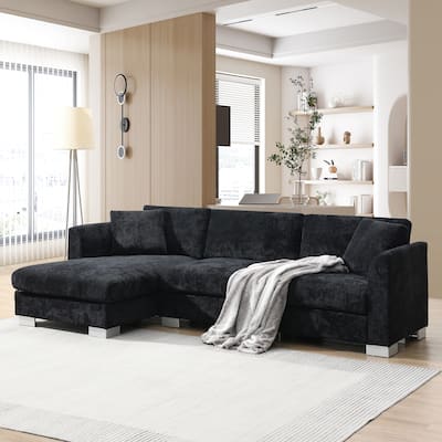 96x56" L-shaped 4-seat Chenille Sofa with Chaise and 2 Pillows, Black
