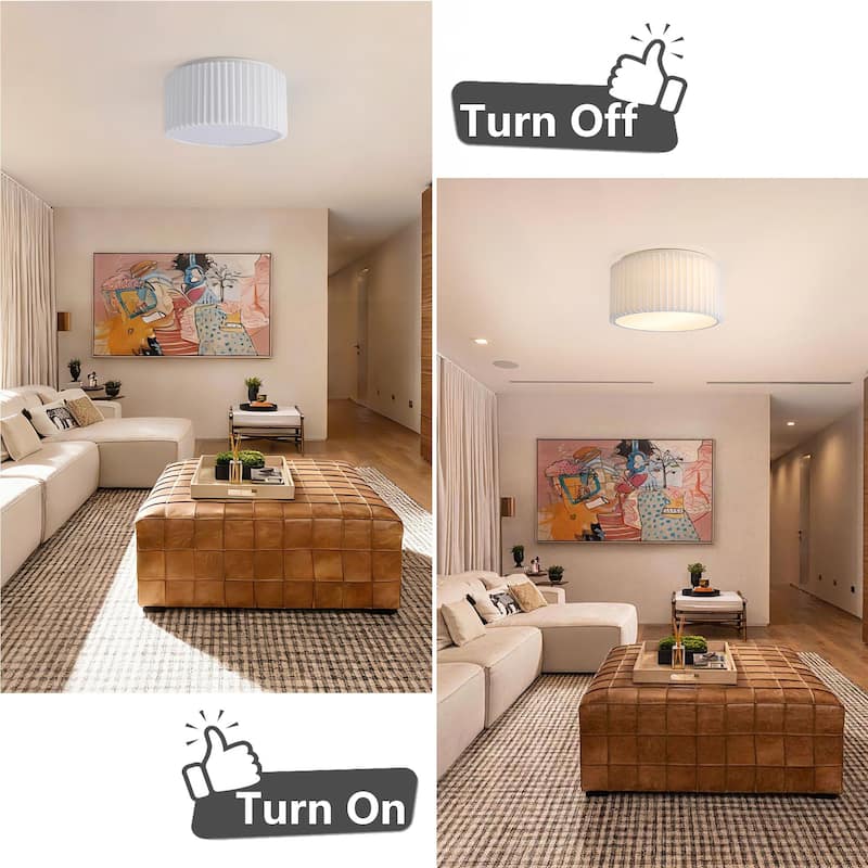 2-Light Modern Fabric Flush Mount Ceiling Light with Pleated Drum Shade - White