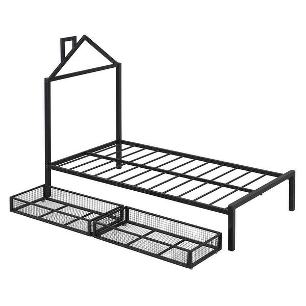 slide 2 of 14, Twin Metal Platform Bed with 2 Drawers & House-Shaped Headboard, Black Black - Twin