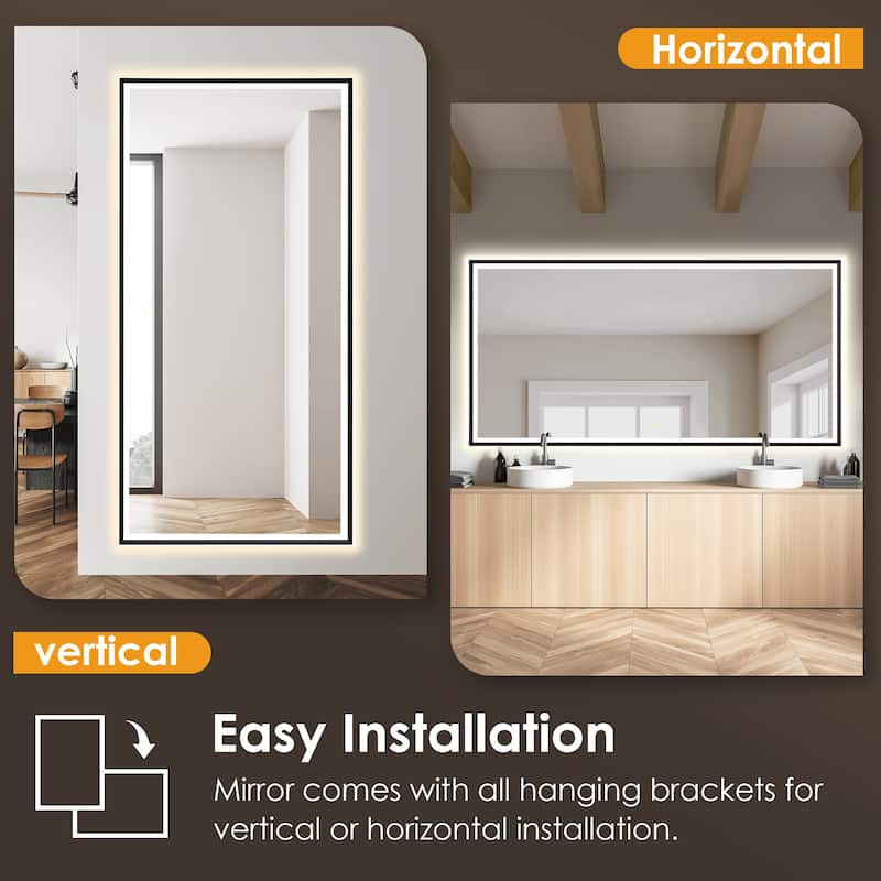 Apollo Rectangular Anti-Fog Dimmable Modern Bathroom/Vanity LED Lighted Wall Mirror in Matte Black Aluminum Framed