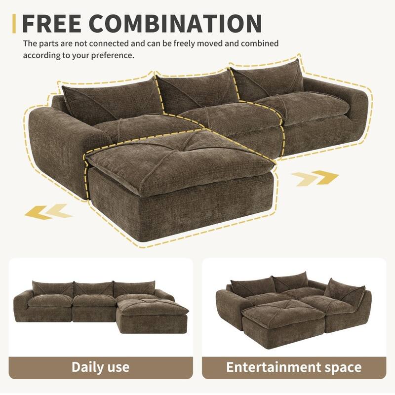 116'' Modern Chenille Fully Compressed Sectional Sofa with High Density Foam without Frame