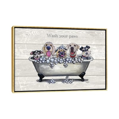 iCanvas "Tub With Dogs, Bathroom Dogs, Wash Your Paws" by Hippie Hound Studios Framed Canvas Print