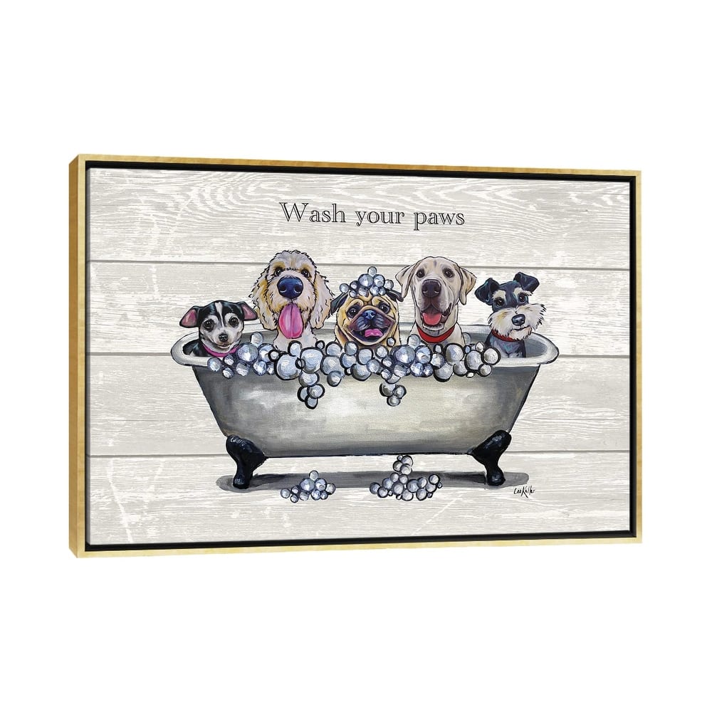 iCanvas "Tub With Dogs, Bathroom Dogs, Wash Your Paws" by Hippie Hound Studios Framed Canvas Print