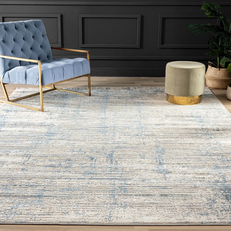 Lumina High-Low Pile Modern and Contemporary Abstract Strie Area Rug - 9'6" X 13' - Winter White/Azure
