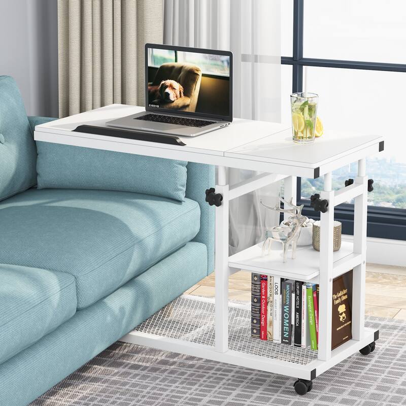 Height Adjustable C Table with Wheels, Laptop Table for Sofa Couch Bedside