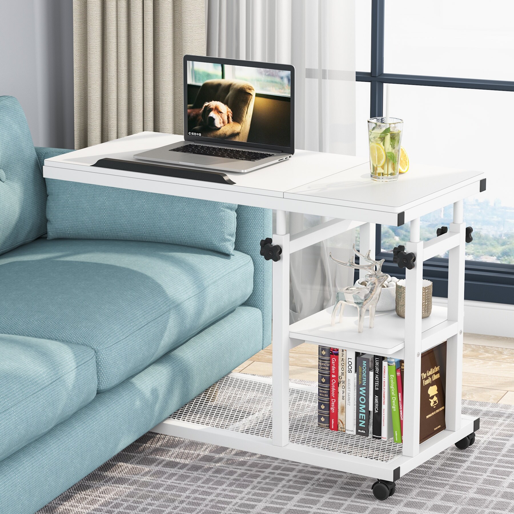 Height Adjustable C Side Table with Wheels Sofa Bedside Laptop