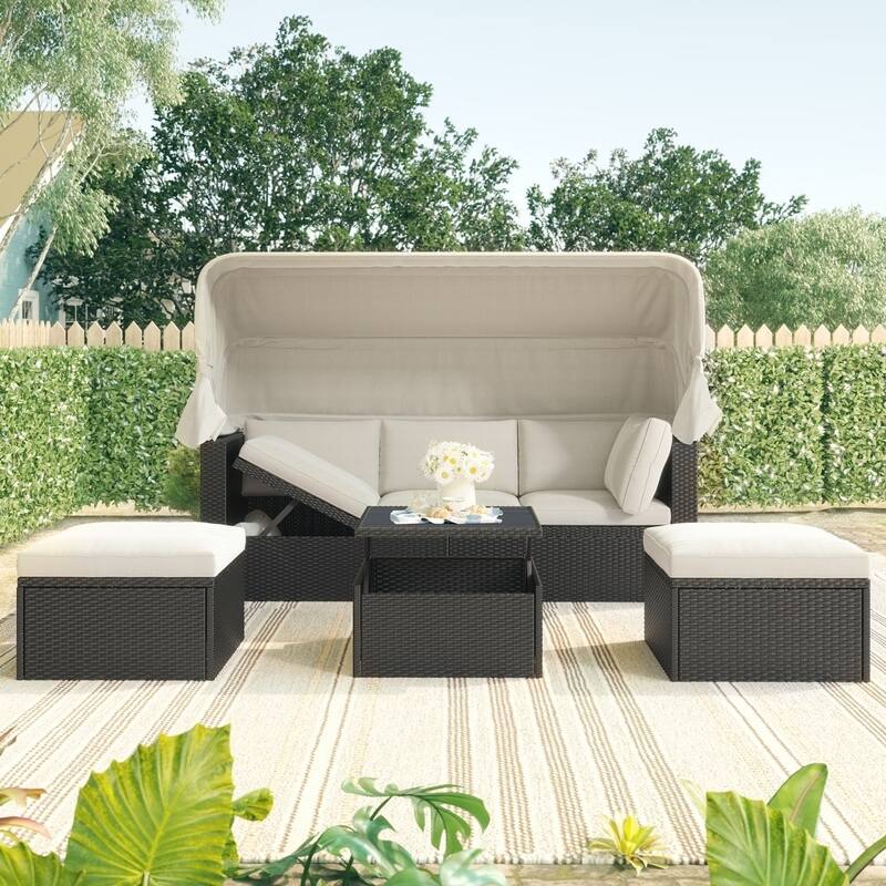 Outdoor Patio Rectangle Daybed with Retractable Canopy with Cushions - Beige