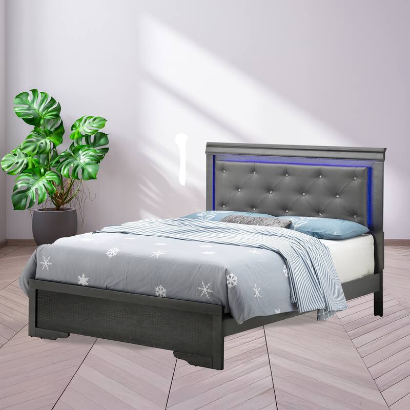 Jewel Tufted Upholstered Full Panel Bed with LED Lights - 80" - Black