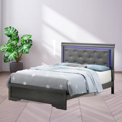 Metallic Upholstered Jewel Tufted Queen Panel Bed with LED Lights - 85" - Black