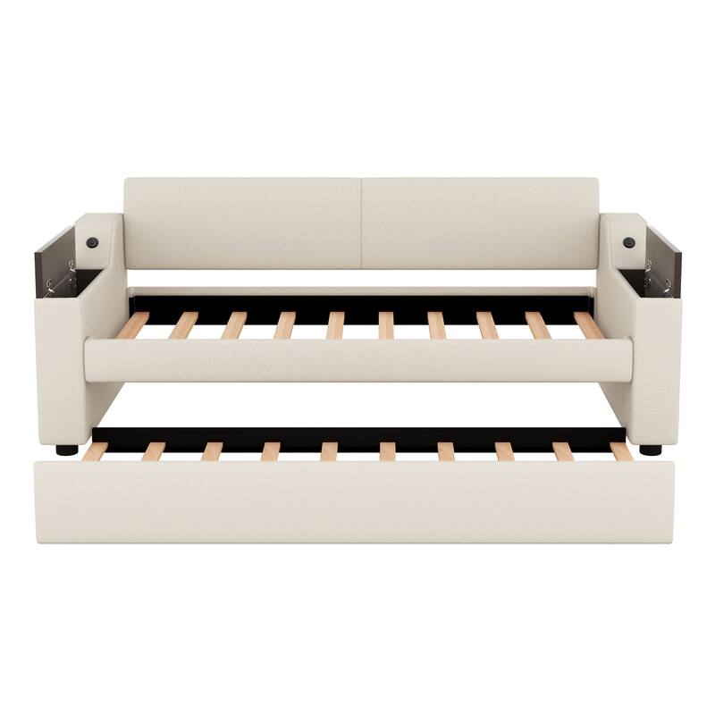 Twin Size Upholstered Daybed with Storage Arms, Trundle, and USB Charging in Beige