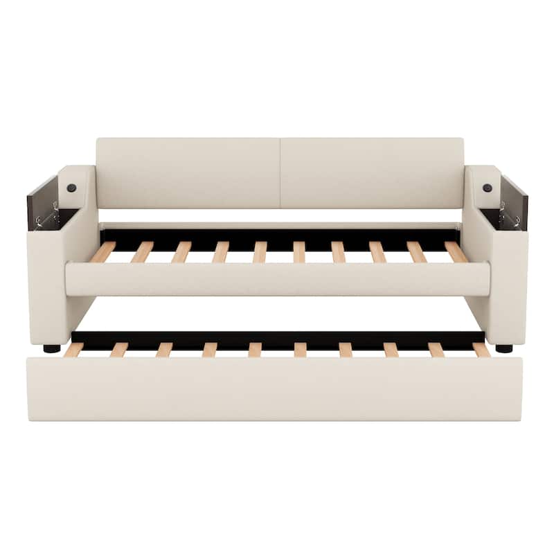 Twin Upholstered Daybed with Trundle and Storage Arms, Beige Linen Fabric Bed with USB Charging Ports