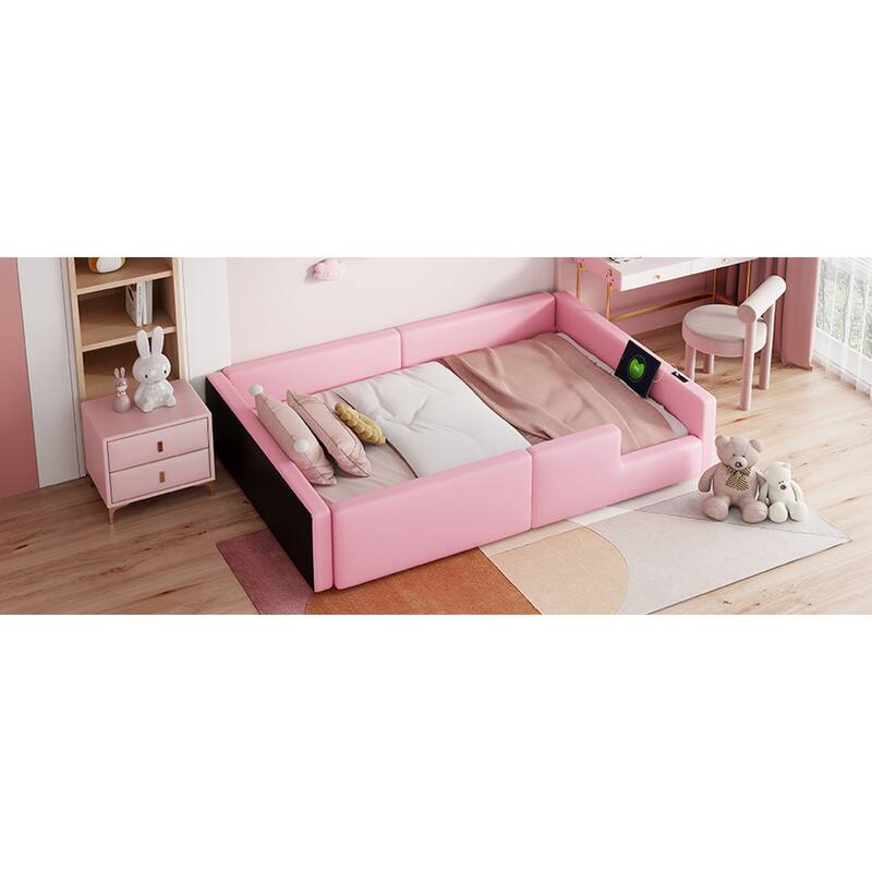 Roomfitters Twin Size Upholstered Floor Bed with USB Charging Ports and High Guardrails, Modern Padded Bed Frame