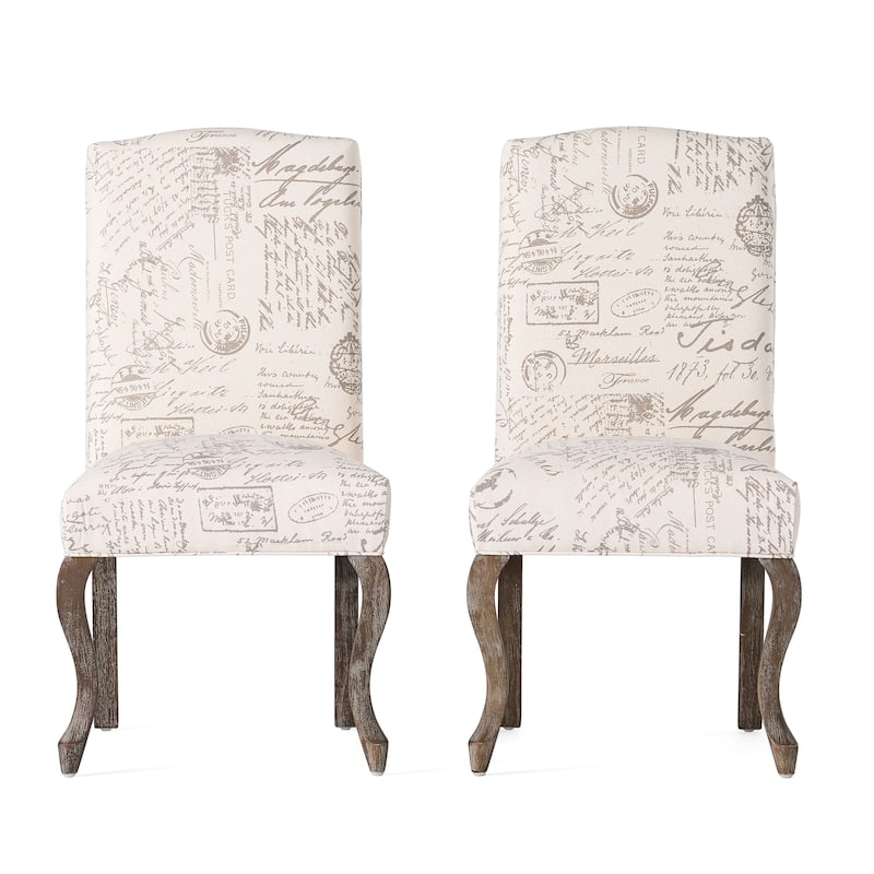 Lynna Dining Chair Set of 2, Beige Script Pattern Design, Carved Legs