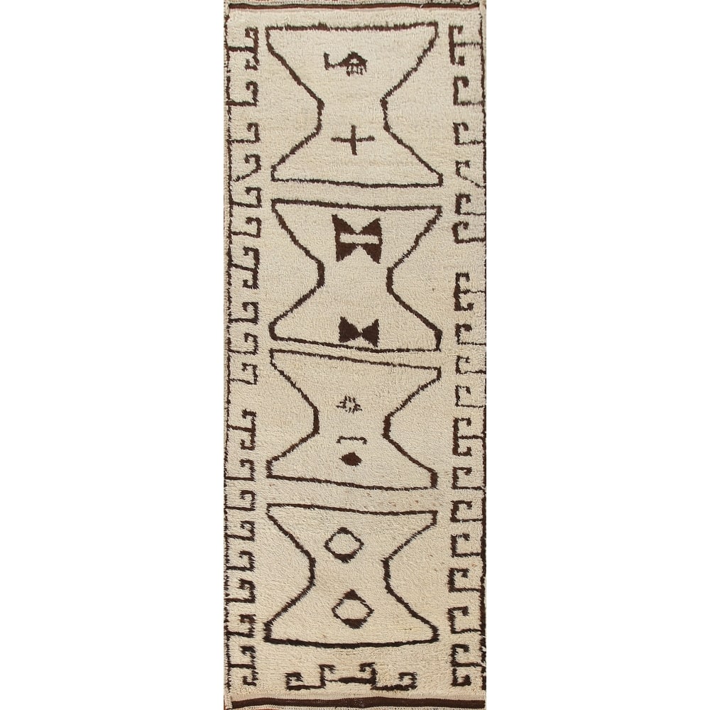 Anatolian Beige Turkish Runner Rug Handmade Geometric Wool Carpet - 3'6"x 12'4"