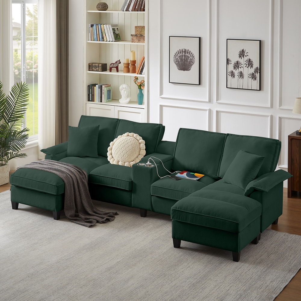 Corduroy U-shaped Sectional Sofa with Double Storage Chaise Lounge, Console Table with Charging Station, Box and Cup Holders
