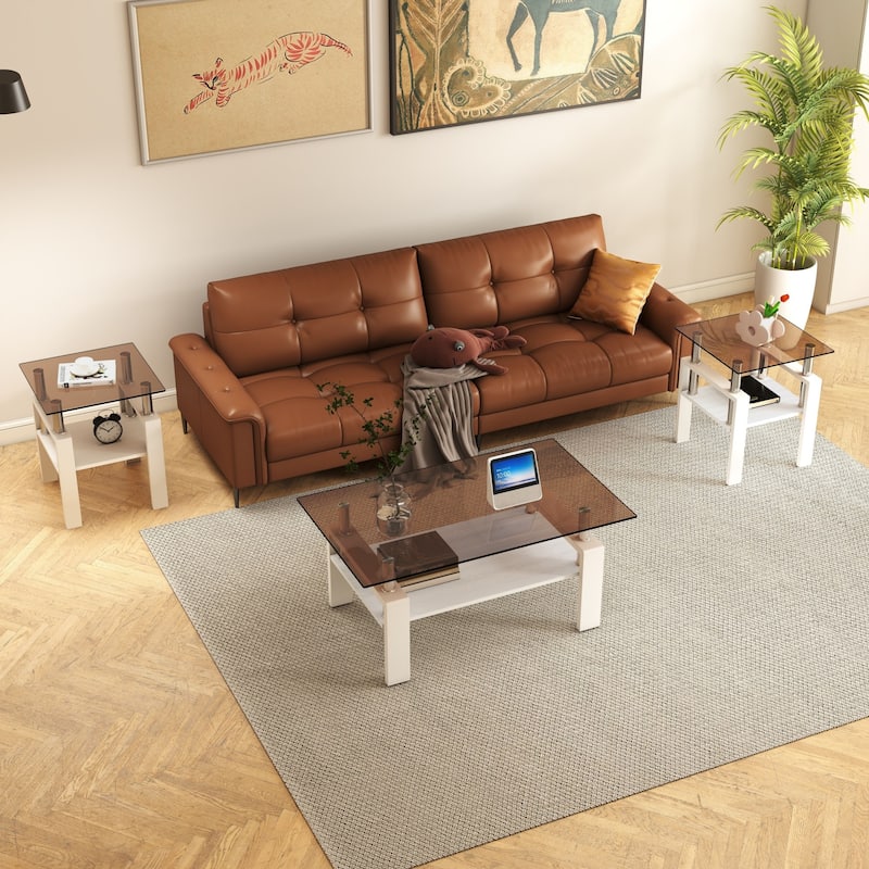 Set of 2 Modern Tempered Glass Tea Table ,Tempered Glass Tabletop with MDF Layer,Coffee Table