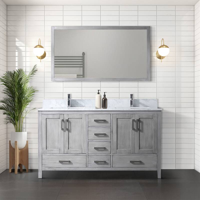 Jacques 60 in. W x 22 in. D Dark Grey Double Bath Vanity, Carrara Marble Top, Faucet Set, and 58 in. Mirror