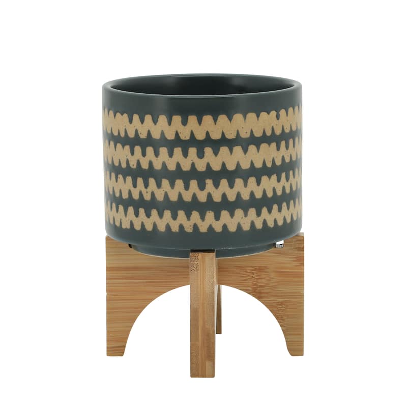5" Zig-zag Planter with Stand, Teal 7.0"H - 5.0" x 5.0" x 7.0"