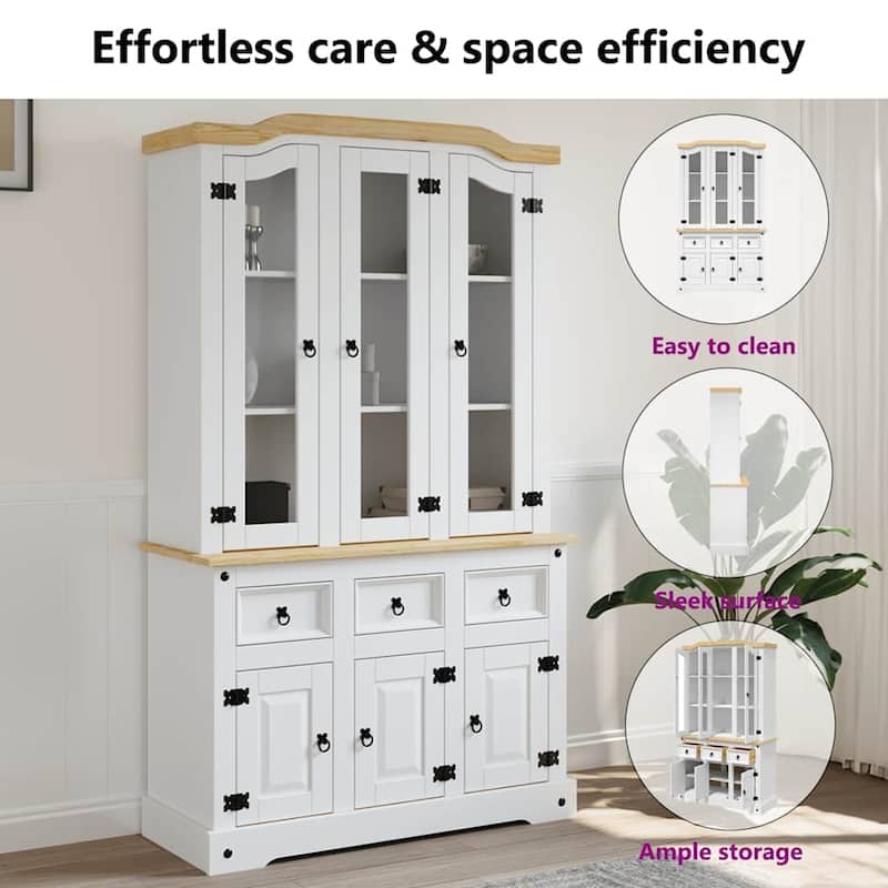 vidaXL Highboard, 44.1x17x77.2 Inches, White and Natural Finish Top - 44.1" x 16.9" x 77.2"