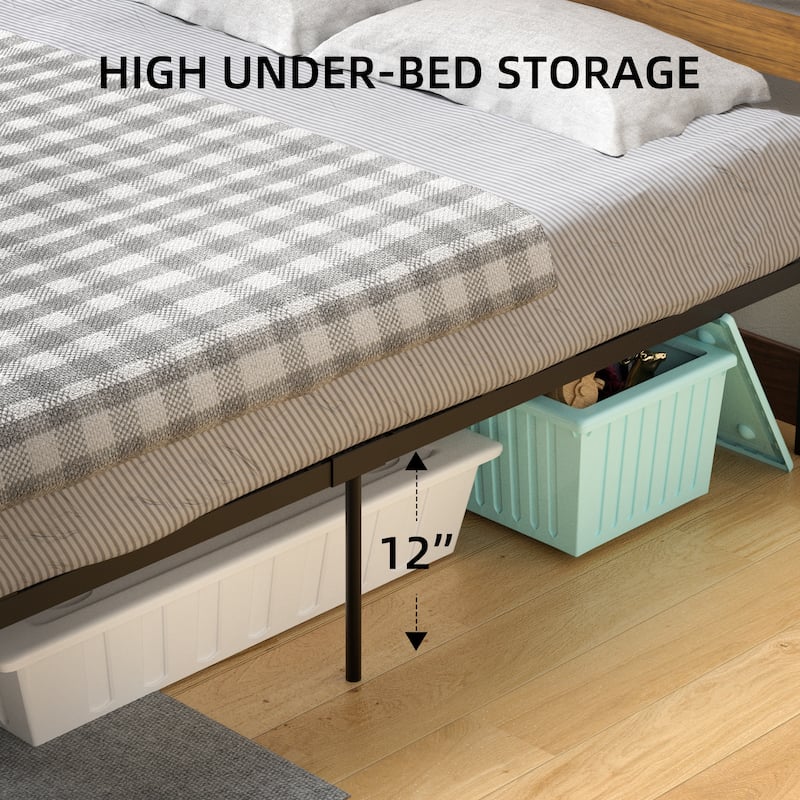 Bed Frame With Wood Headboard Supported By Metal Slats