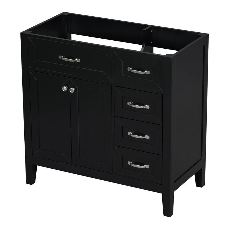 36" Modern White Bathroom Vanity Cabinet Base, 2 Doors & 3 Drawers, Solid Rubber Wood & MDF