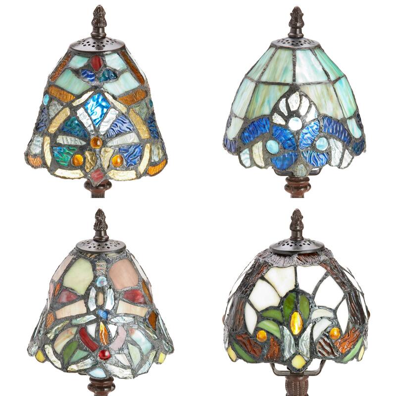 River of Goods Set of 4 Family Favorites Tiffany Style Stained Glass Mini Accent Lamps - 6"L x 6"W x 12"H - Each