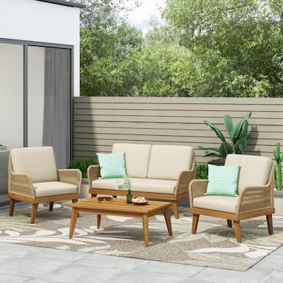 Roomfitters 4 Pcs Outdoor Sofa Set with Loveseat, Coffee Table, Club Chairs, Woven Rattan Frame, Patio Furniture Set, Beige