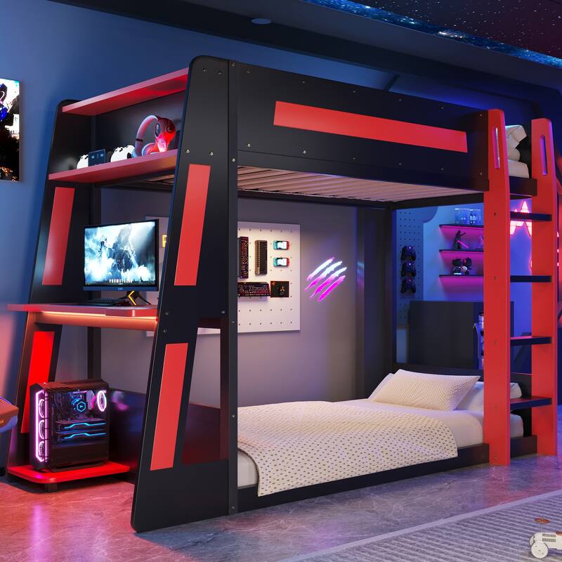 Gaming Bunk Bed with Computer Desk, Storage Shelves, USB Port and LED Strip Lighting, Esports Design, Wooden Gaming Bed