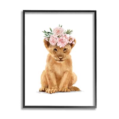 Stupell Boho Rose Floral Crown Lion Cub Safari Animal Framed Wall Art