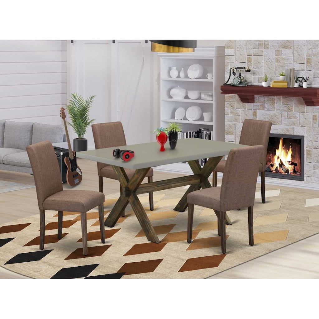 HomeStock 5-Pc Rectangle Distressed Jacobean Finish Solid Wood Top Dining Table with 4-Upholstered Chairs