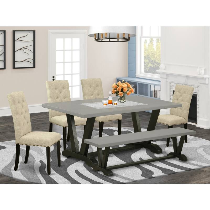 Small Dining Table Set - 6 Piece Kitchen Set - 4 Parsons Chairs & Bench - Rectangular Wood Table