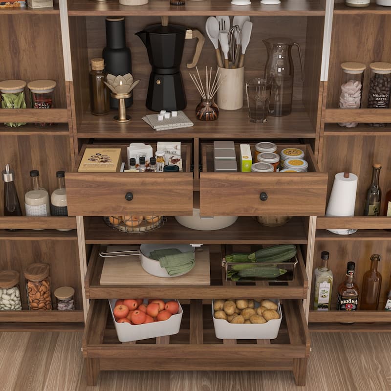 White Light Wood Grain Kitchen Cabinet with Red Wine Drawers Pantry