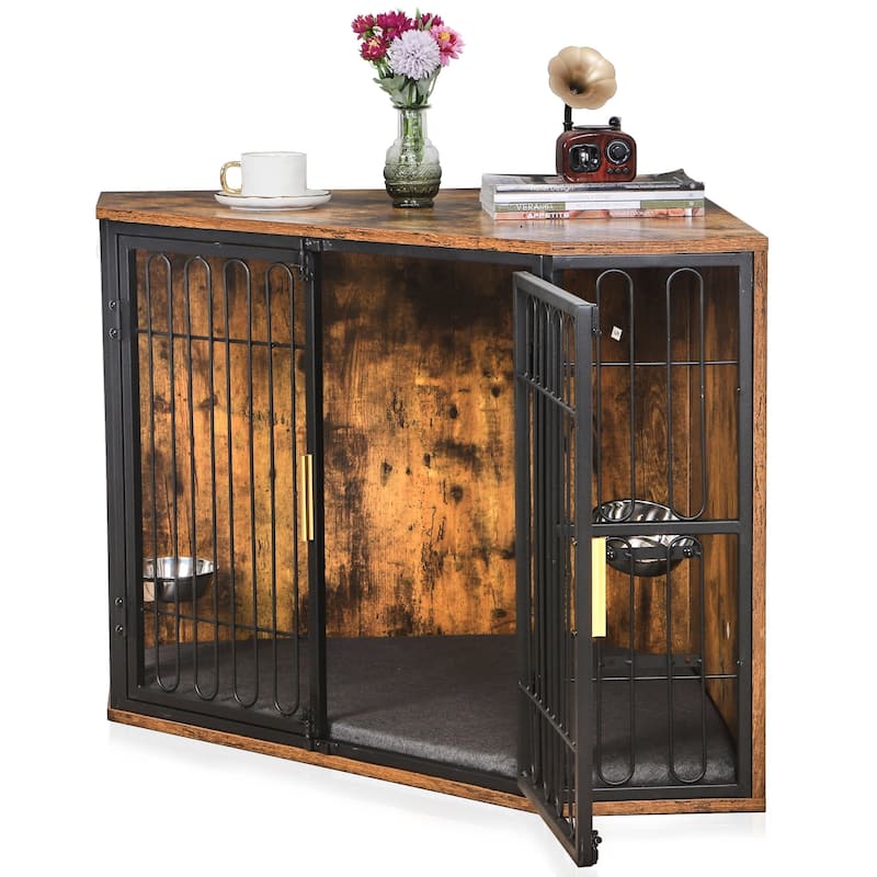 Corner Dog Crate Furniture, Wooden Dog Kennel Furniture End Table, Wood Pet House Dog Cage Crate