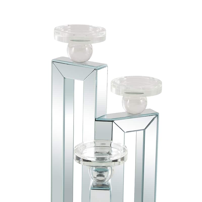 Glass Pillar 3 Plate Candelabra with Mirrored Accents - Silver - Roche River Decor - 7"W x 7"L x 21"H