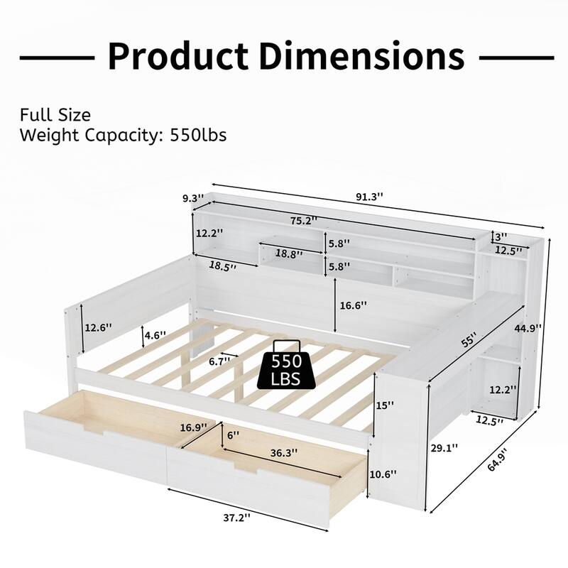Wooden Daybed with Storage Shelves and Two Storage Drawers