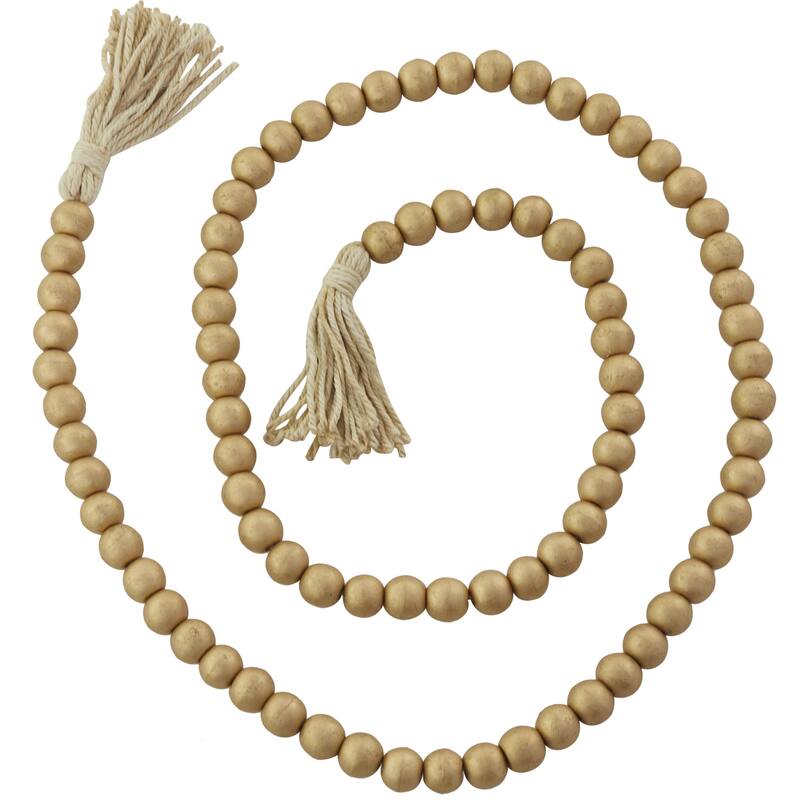Mango Wood Handmade Round Long Carved Beaded Garland with Tassel - Roche River Decor