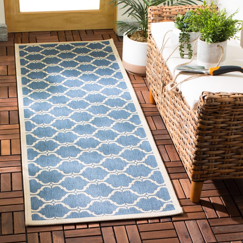 SAFAVIEH Courtyard Charleen Indoor/ Outdoor Waterproof Patio Backyard Rug - 2'3" x 12' Runner - Blue/Beige
