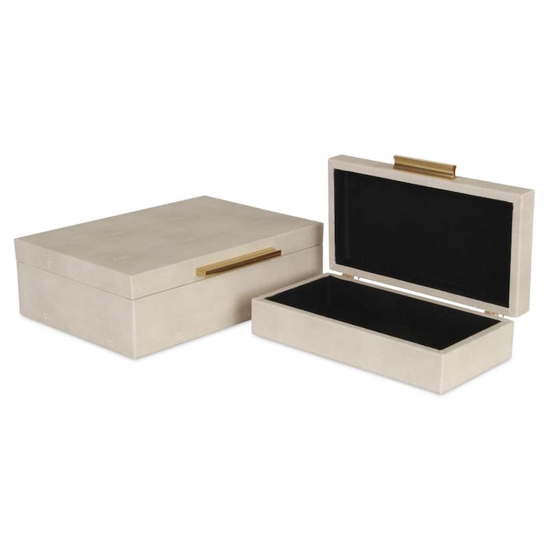 Set of 2 White Rectangular Faux Shagreen Decorative Box with Handles 11.75"