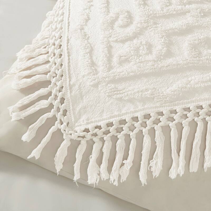 Tufted Cotton Chenille Medallion Fringe Coverlet Mini Set Off-White Full Queen