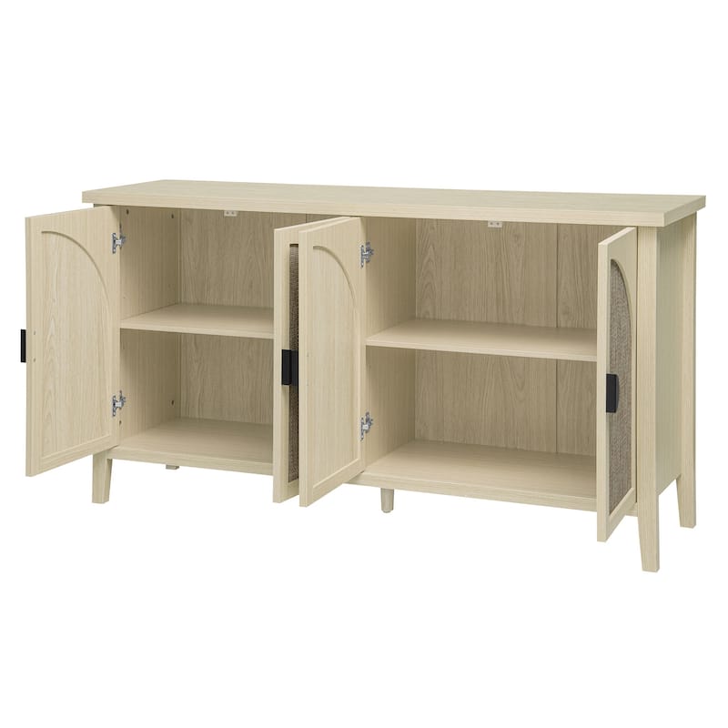 Roomfitters Rattan 4 Door Storage Cabinet, Sideboard Buffet Accent Cabinet with Adjustable Shelves, Natural